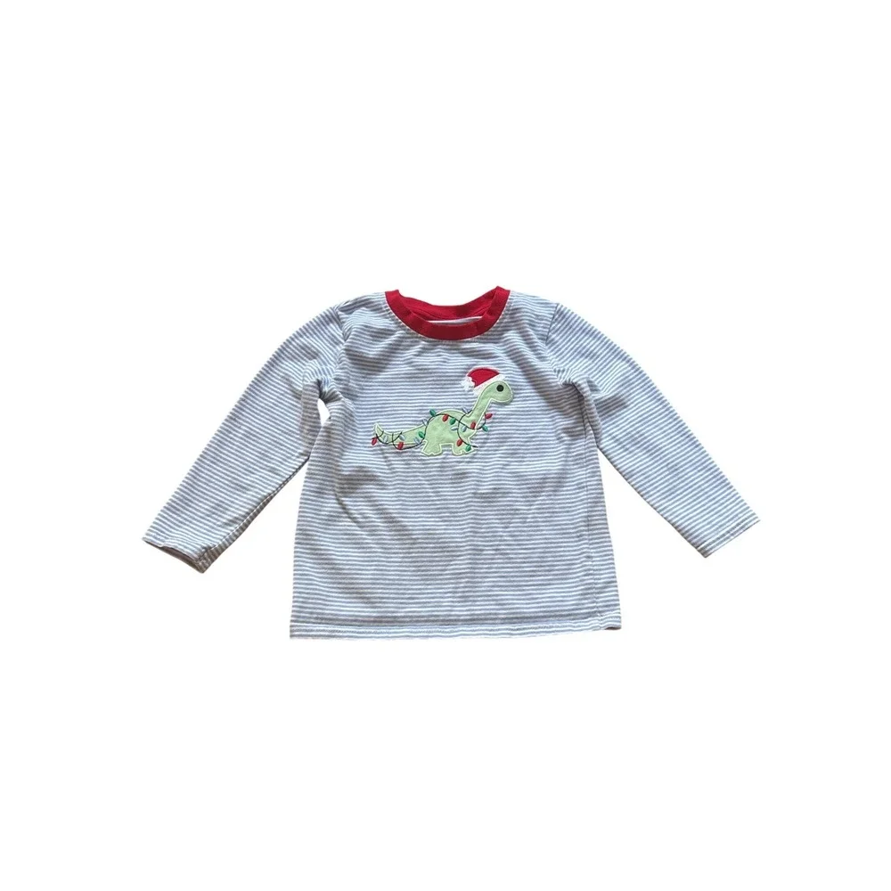 Trotter St Kids Dinosaur Christmas Shirt Blue‎ Striped Long Sleeve SIZE 24M